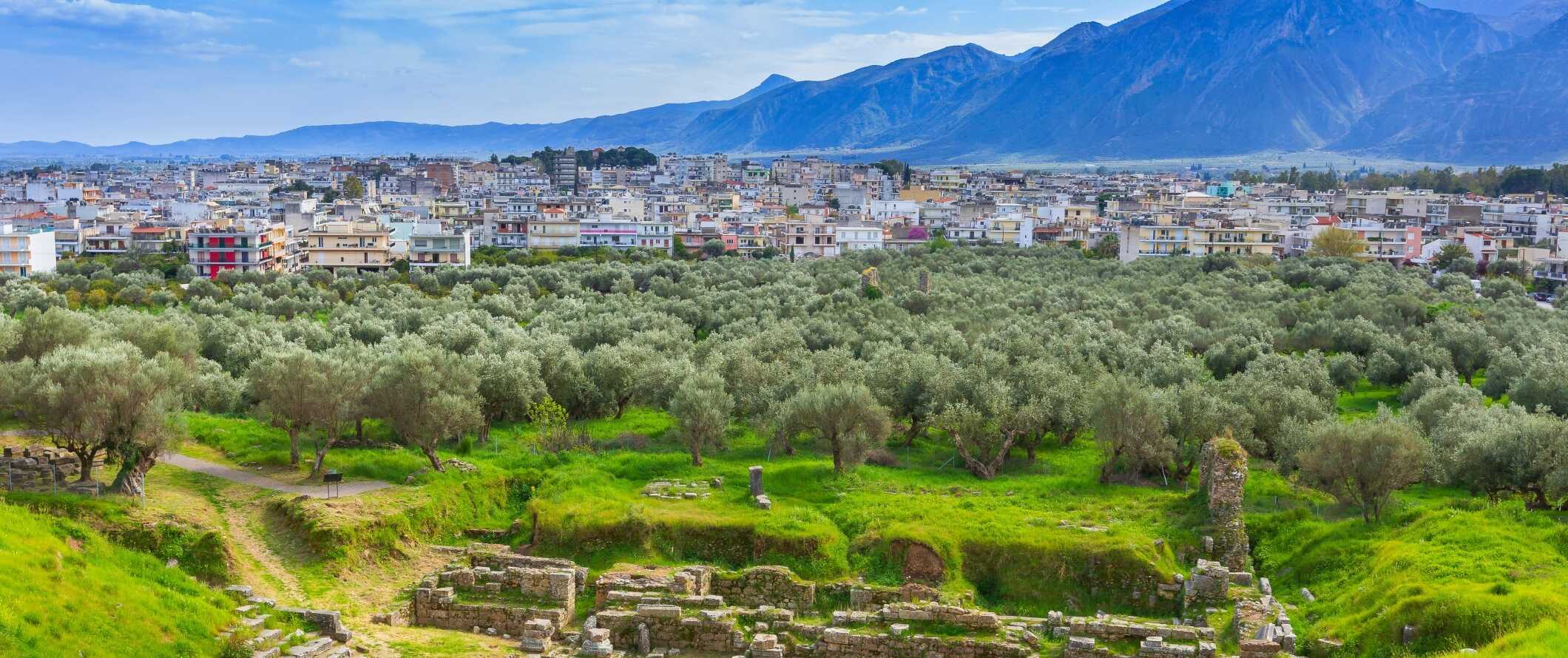 Ancient ruins in the foreground with the modern city of Sparta and mountains in the background in Greece