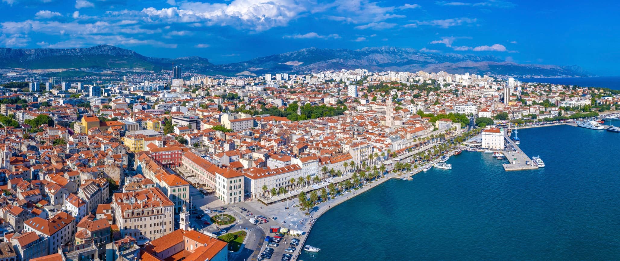 A birds-eye view of Split, Croatia on a sunny day along the Dalmatian Coast