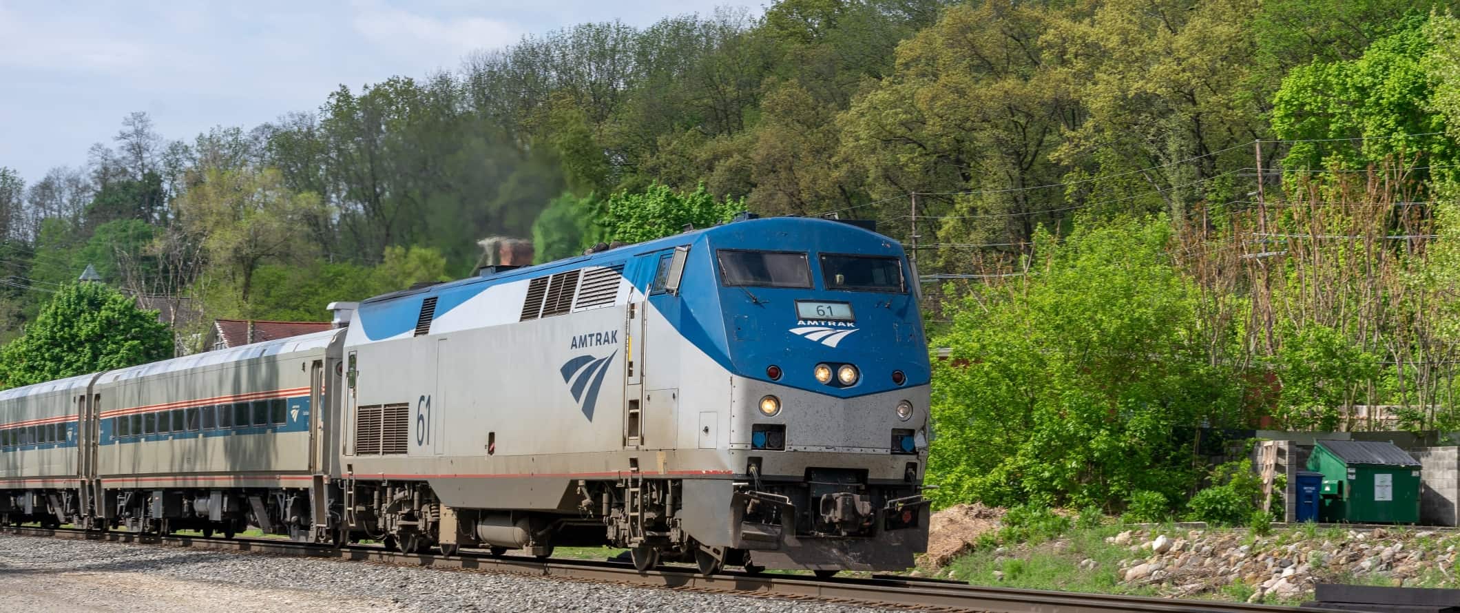 Amtrak train passing through trees in the United States.