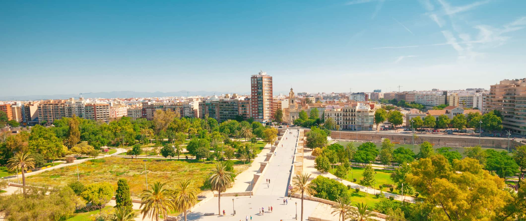 An aerial view overlooking the beautiful city of Valencia, Spain on a bright summer day