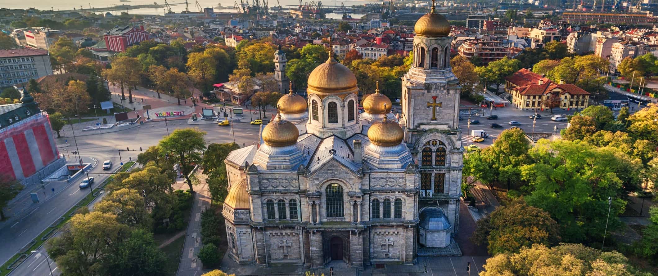 Aerial view of The Cathedral of the Assumption with its golden domes in Varna, Bulgaria