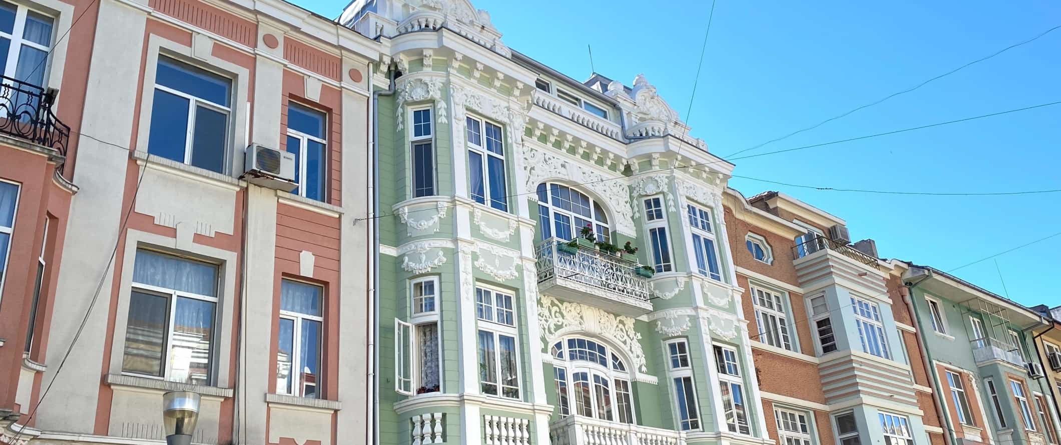 Pastel-colored historic buildings in Varna, Bulgaria