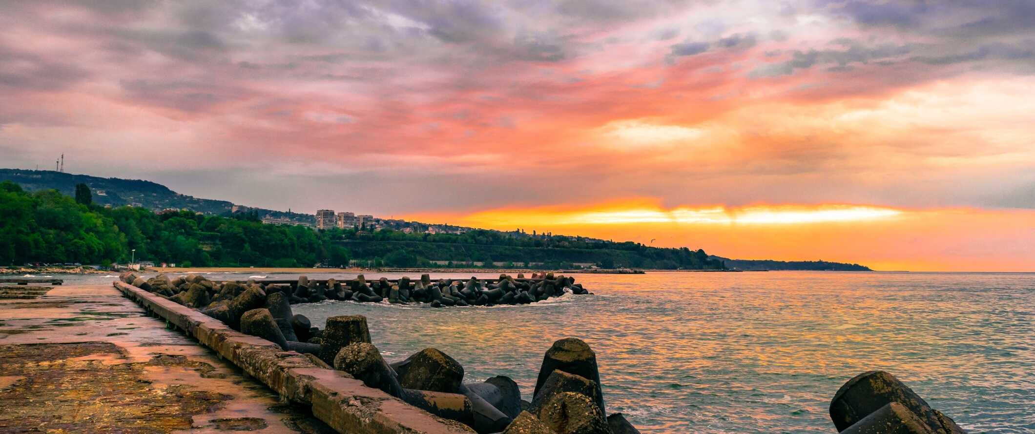 View along the beachside walkway at sunset in Varna, Bulgaria