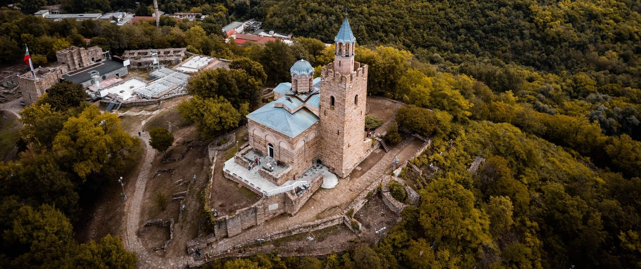 Drone view of the church at Tsarevets Fortress near Veliko Tarnovo, Bulgaria