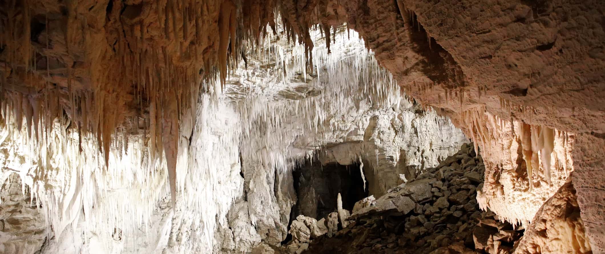 Close-up of staglatites and stalagmites in the rocky caves in Waitomo, New Zealand.