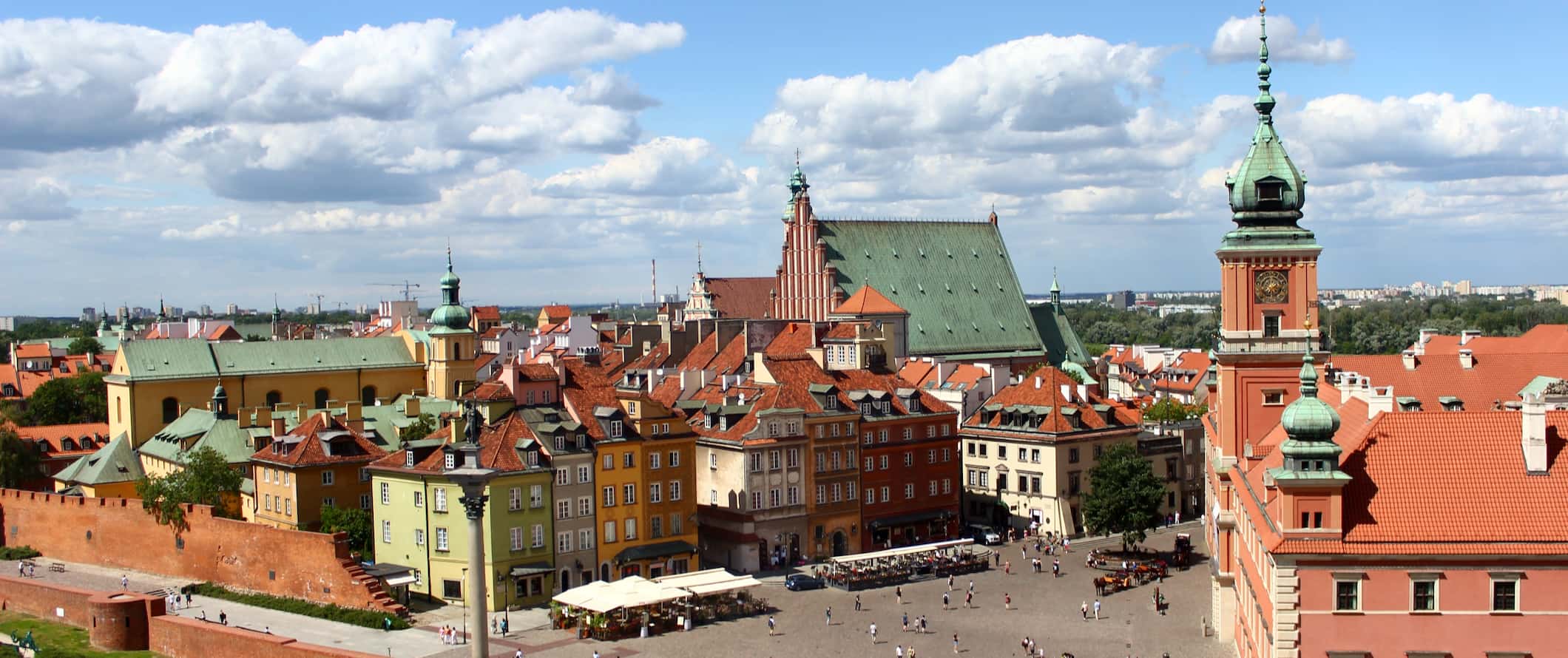 The colorful buildings in the Old Town of Warsaw, Poland as seen from above