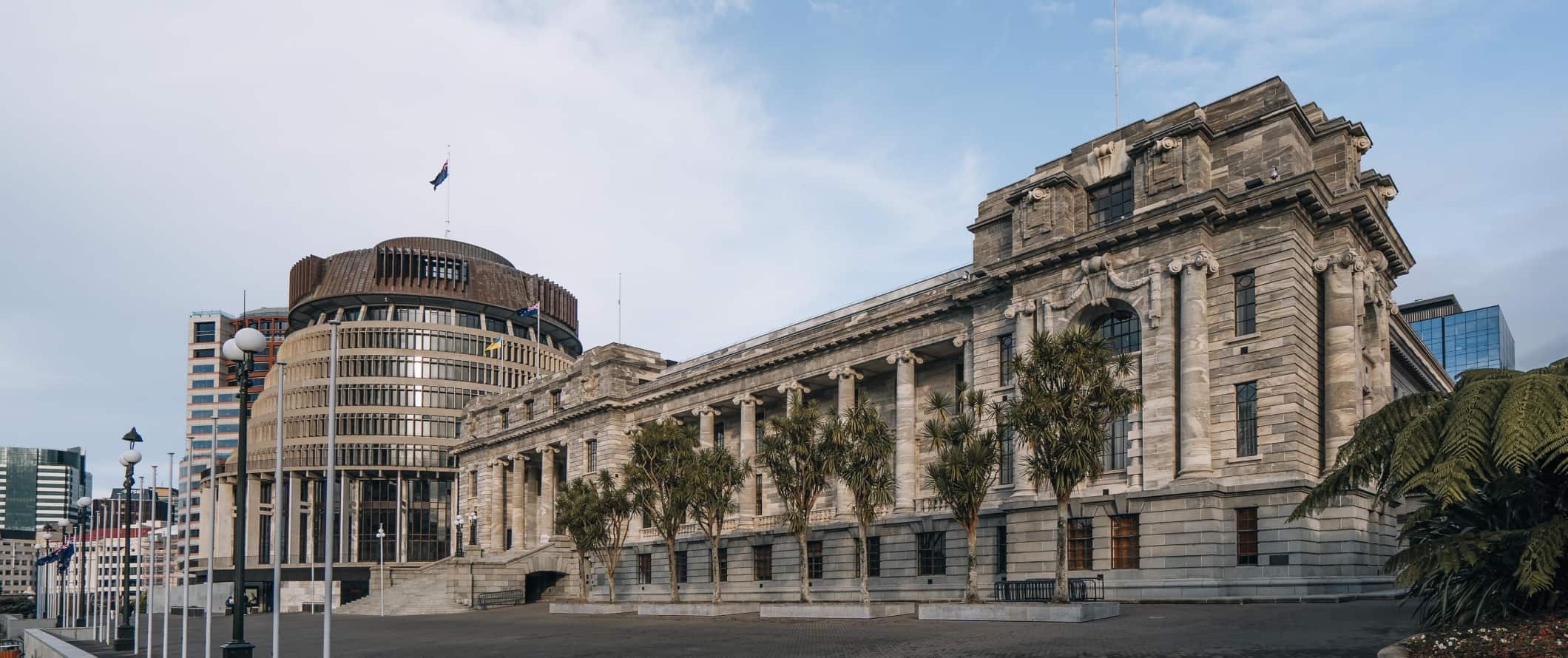 The Beehive, the round, beehive-shaped Parliament building in Wellington, New Zealand