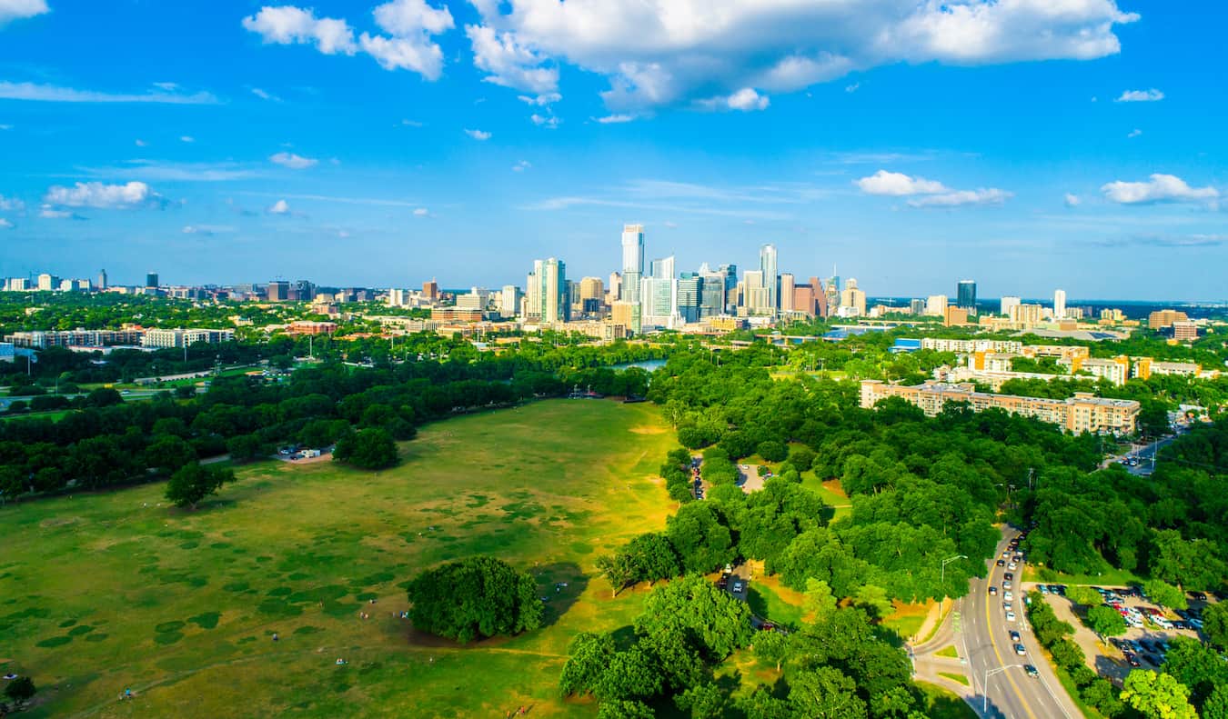 The lush and sprawling Zilker Park in Austin, Texas as seen from above