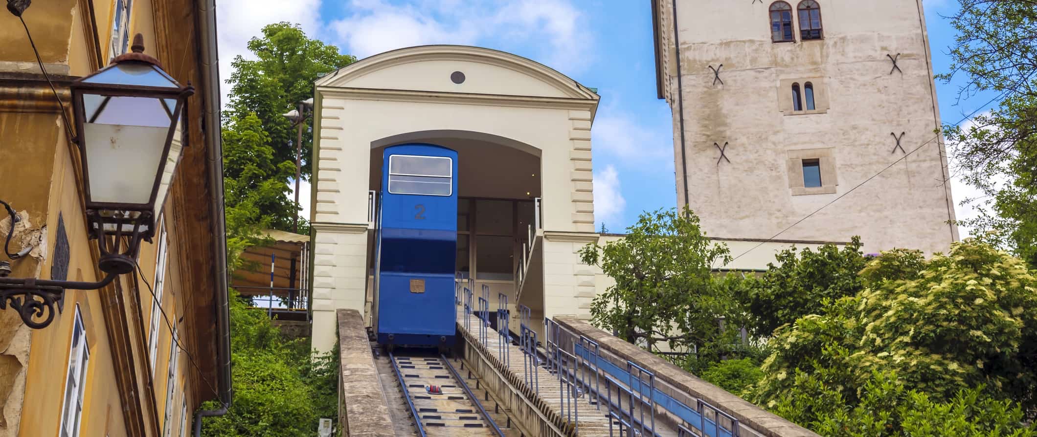 The old funicular going up a hill in Zagreb, Croatia