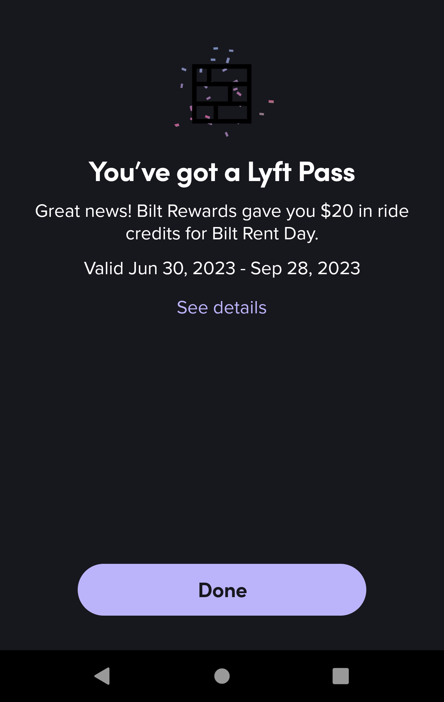 Screenshot from the Bilt app showing a Lyft Pass earned