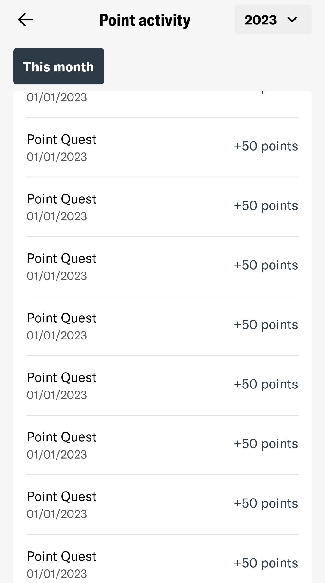 Screenshot from the Bilt app showing points earned from Point Quest