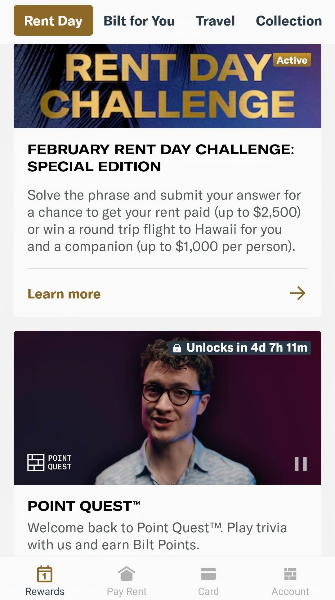 Tangkapan layar dari aplikasi Rent Day Challenge Bilt