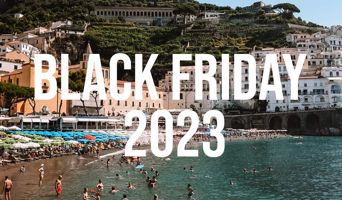 A Black Friday banner over a photo of people enjoying life at the beach