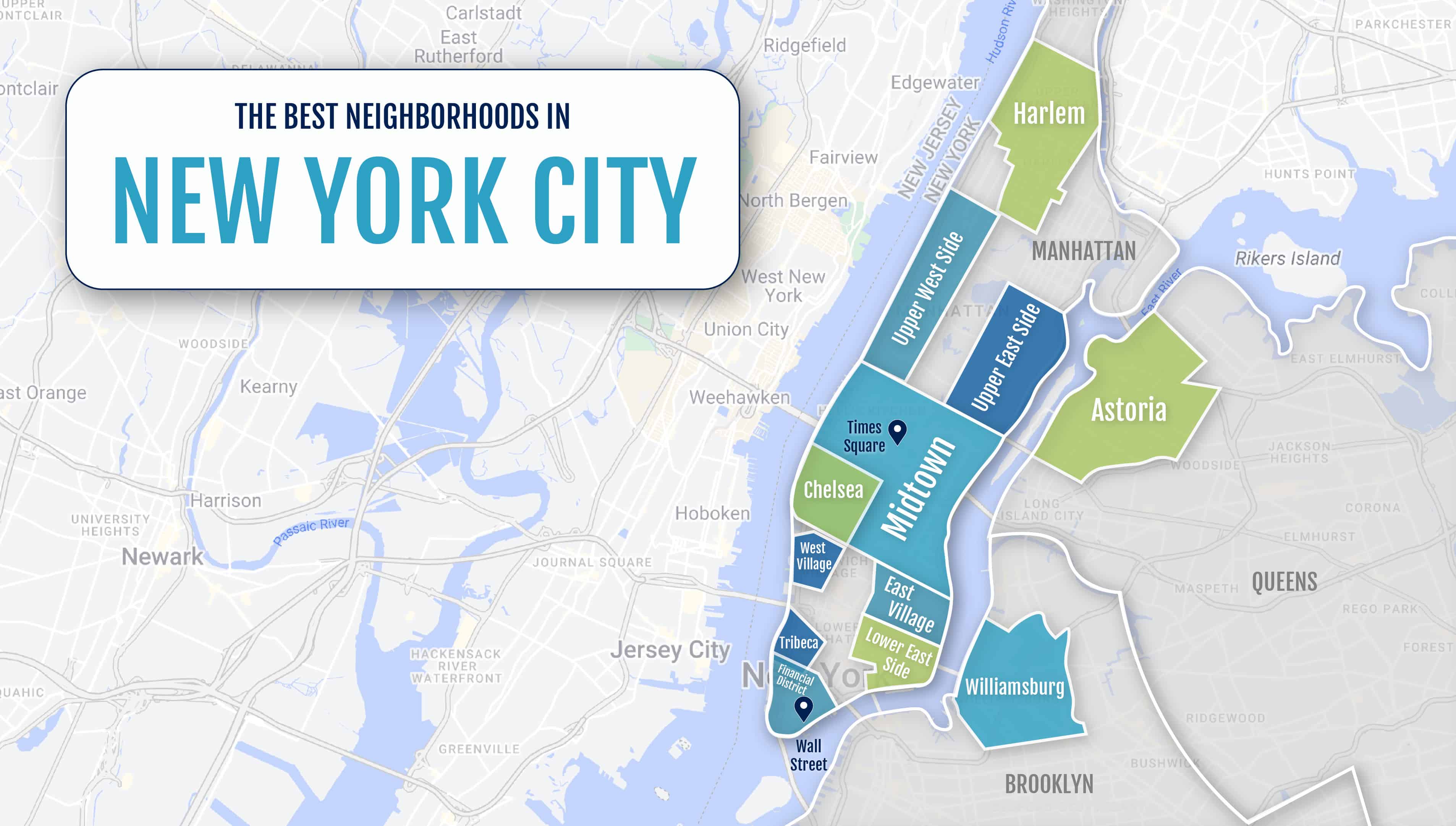A colorful map of the neighborhoods in NYC, USA