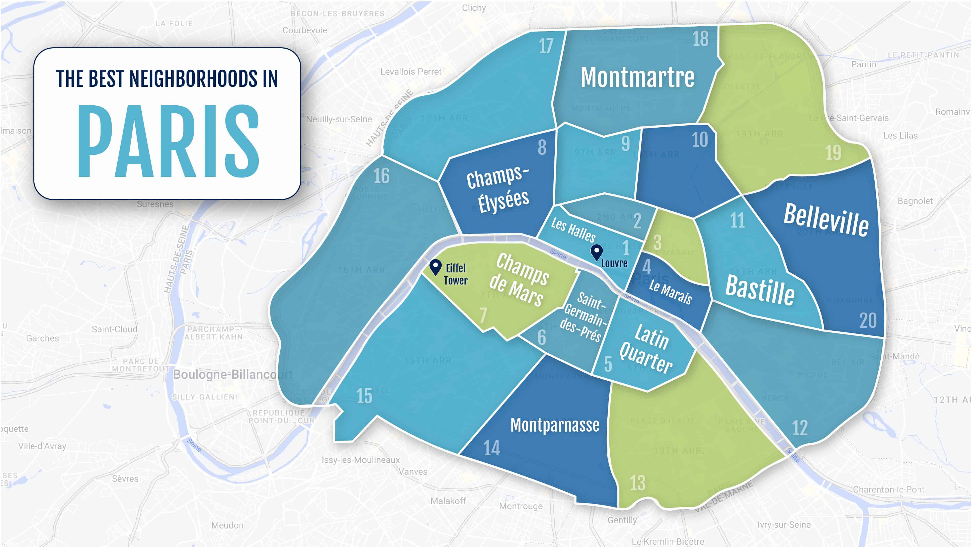 A colorful map of the neighborhoods in Paris, France