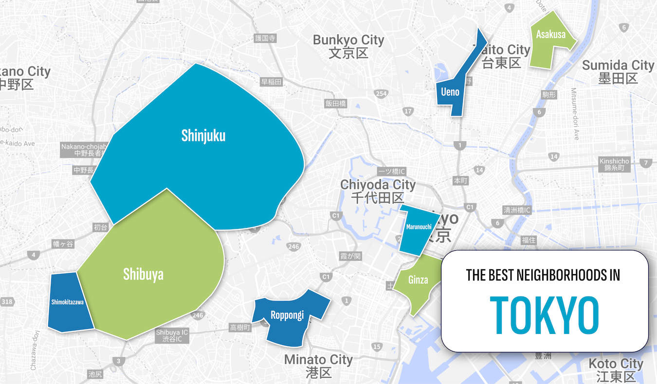 A map showing the best neighborhoods to stay in in Tokyo, Japan