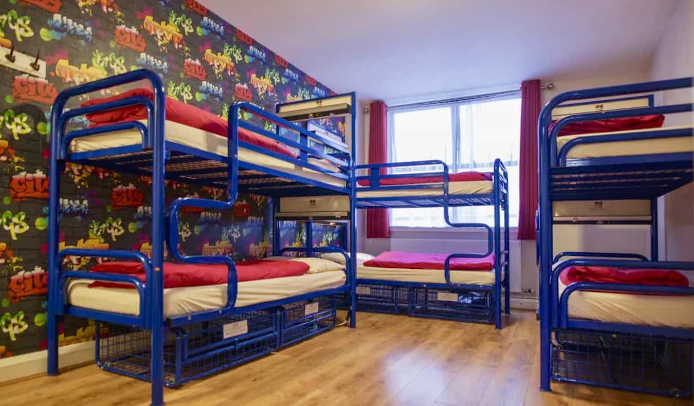 Bunk beds in a spacious dormitory room at Abigails Hostel in Dublin, Ireland