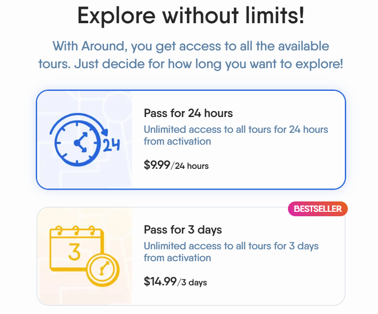 Une capture d'écran du site Web d'Around, montrant les tarifs des pass 24 heures et 3 jours