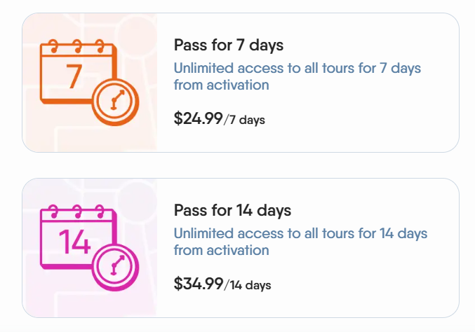 A screenshot of the website for Around, showing pricing for 7- and 14-day passes