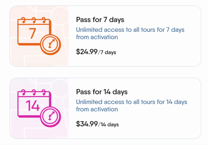 Une capture d'écran du site Web d'Around, montrant les prix des pass de 7 et 14 jours