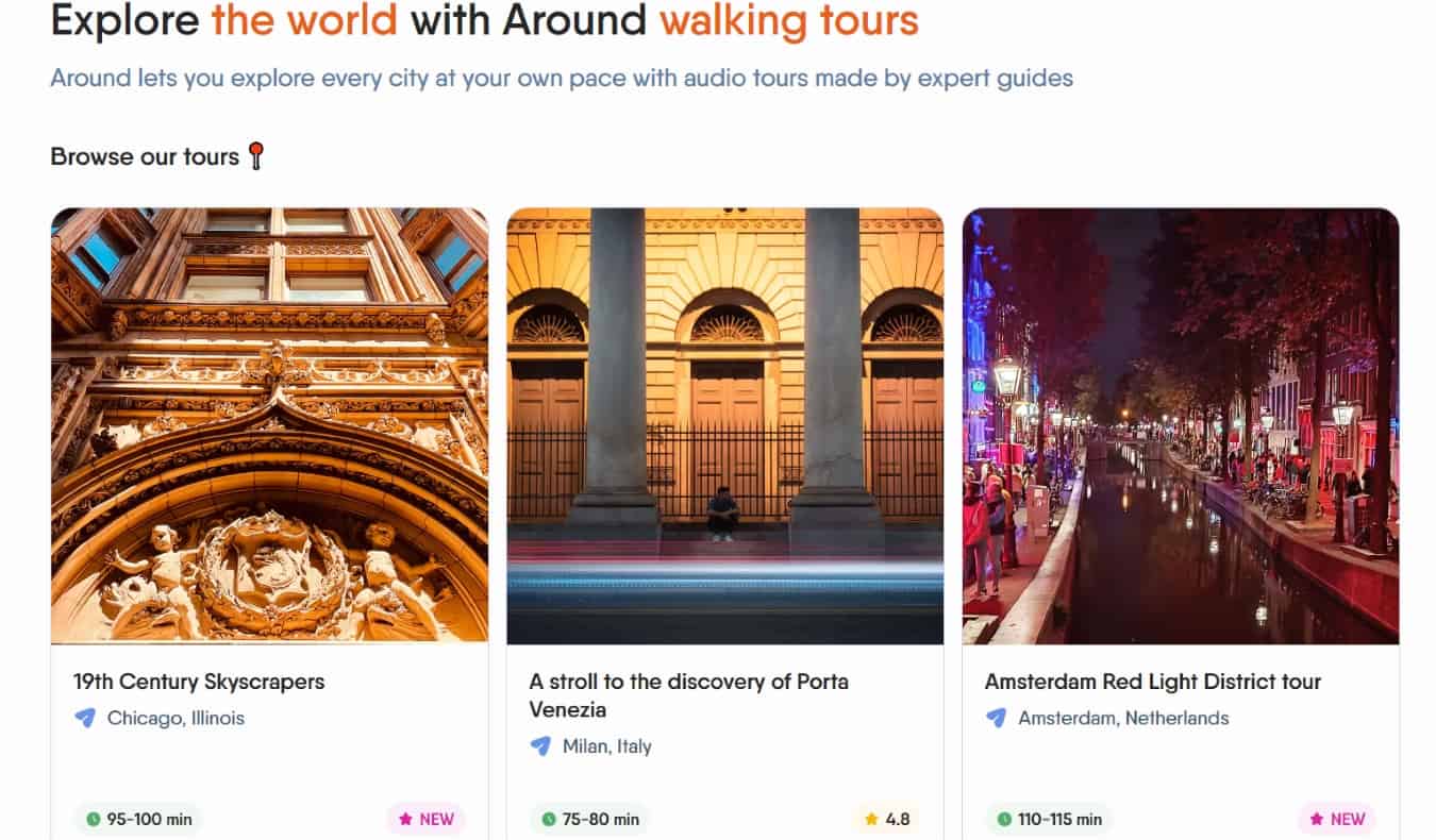 Une capture d'écran du site Web d'Around, montrant les différentes visites audio proposées à travers le monde