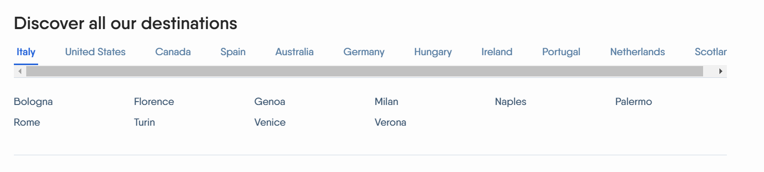 A screenshot of the website for Around, showing the different audio tours offered across cities in Italy