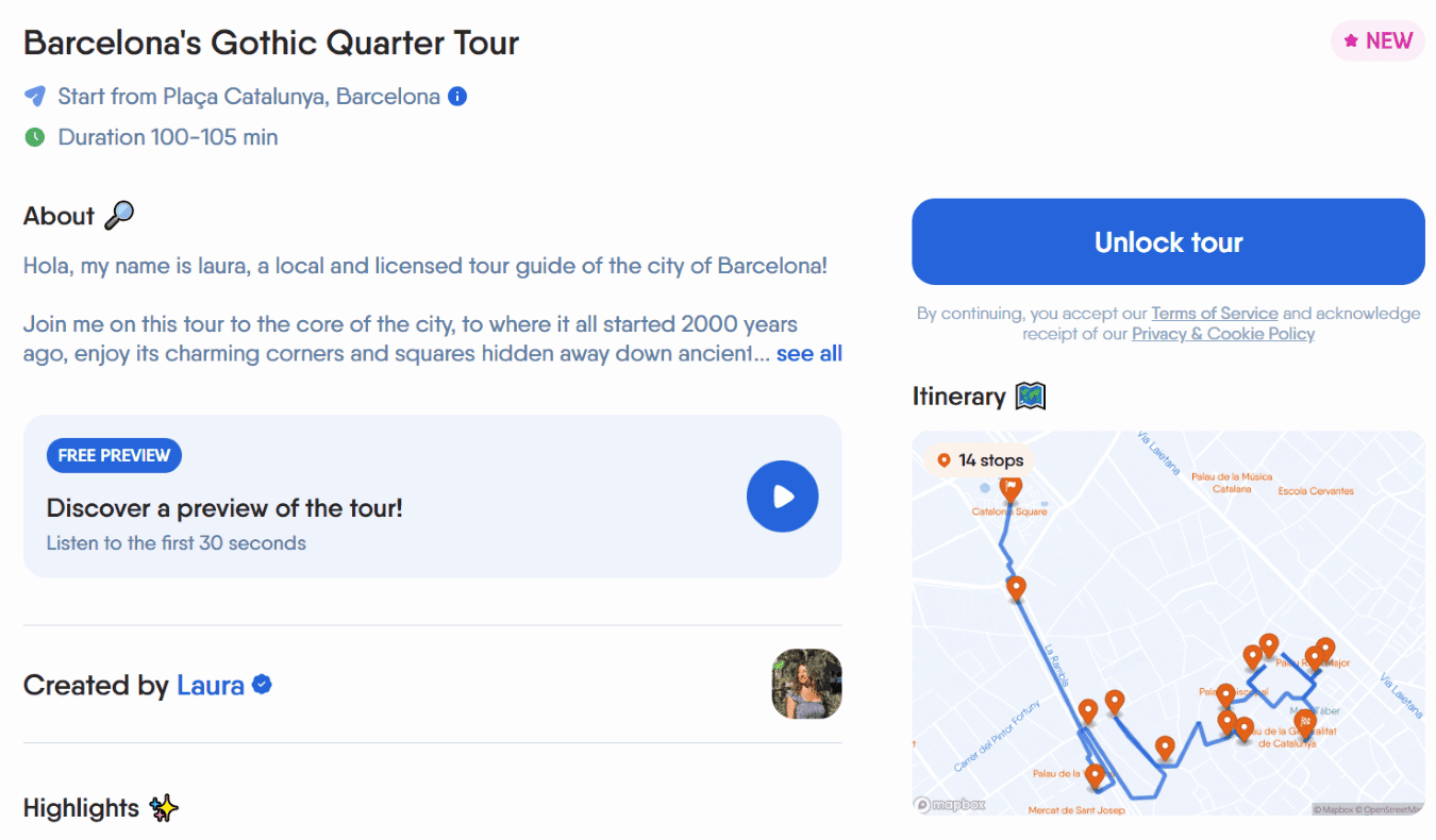 A screenshot of the website for Around, showing details for a tour offered in the Gothic Quarter of Barcelona, Spain