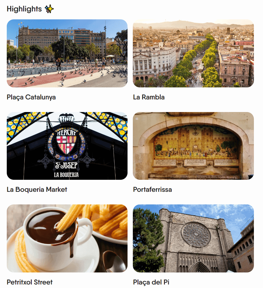 A screenshot on the Around website showing photos of highlights that you would see on the Barcelona tour