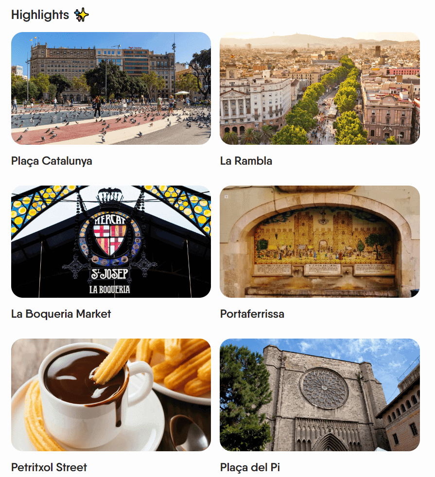 Une capture d'écran sur le site Web Around montrant des photos des points forts que vous verriez lors de la visite de Barcelone