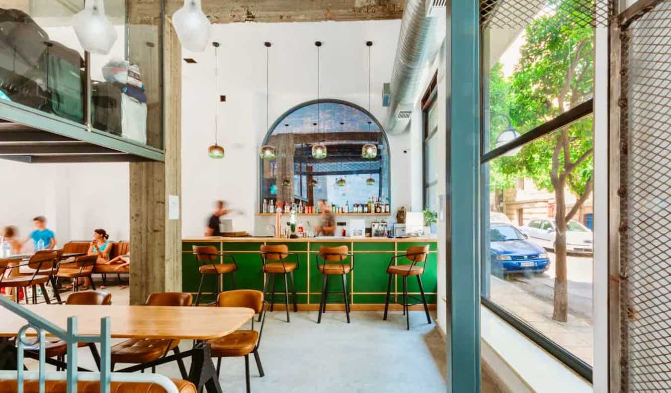 A small cafe and common area at the Athens Backpackers hsotel in Athens, Greece