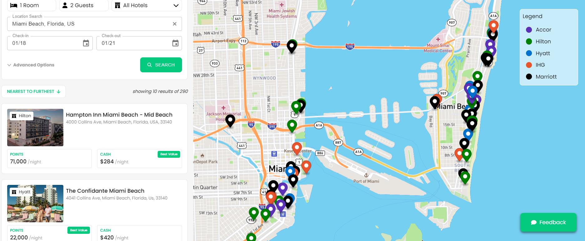Search for hotels on Awayz website, showing different colored pins of available hotels on a map of Miami, Florida