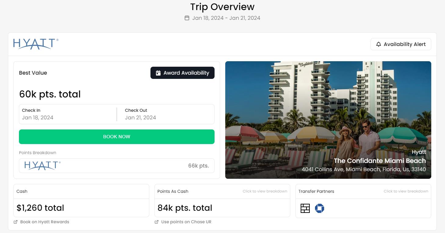 Screenshot on the Awayz website of a potential booking for a Hyatt hotel in Miami, Florida, showing the breakdown of points vs cash needed for that stay