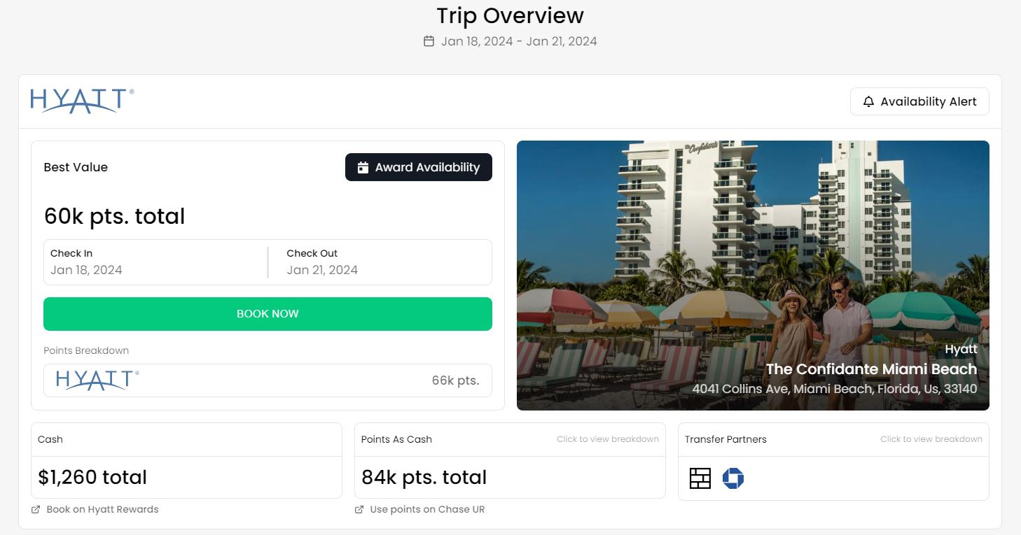 Screenshot on the Awayz website of a potential booking for a Hyatt hotel in Miami, Florida, showing the dispersal of points vs mazuma needed for that stay