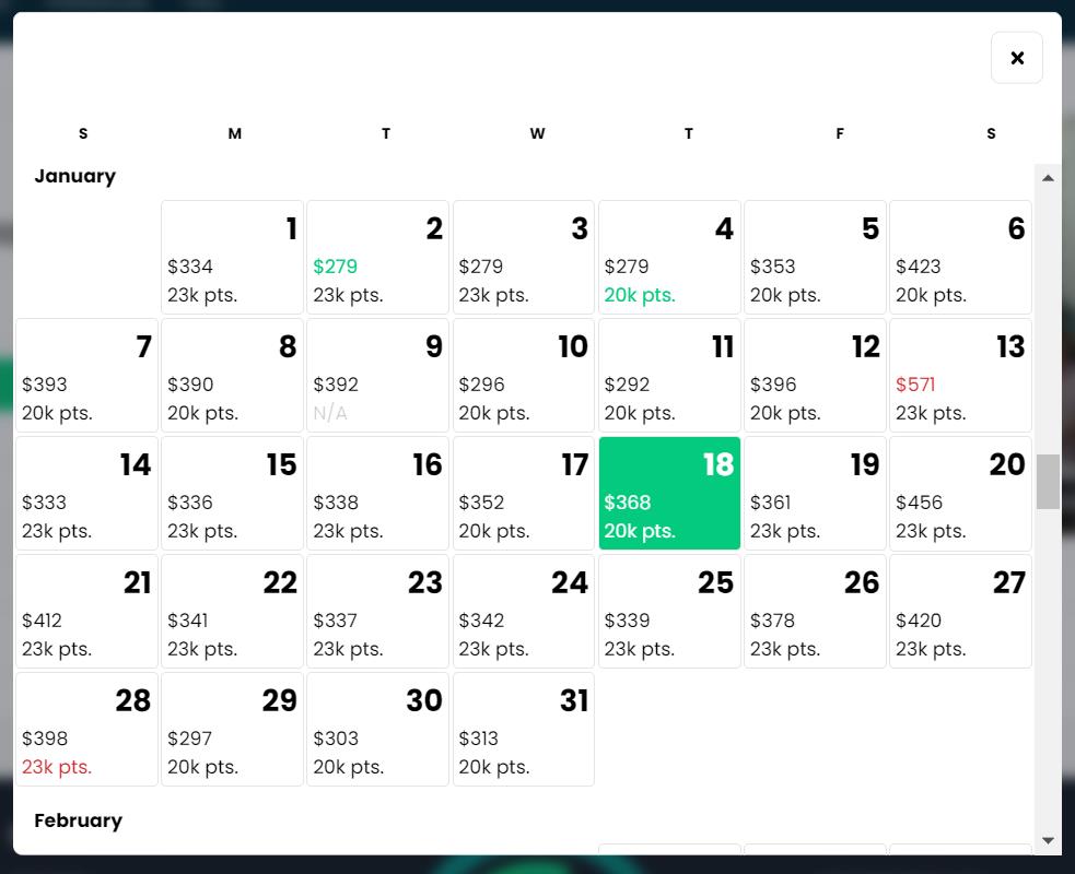 Calendar on Awayz website showing the cost in points and cash for each night in a Hyatt hotel in Miami, Florida