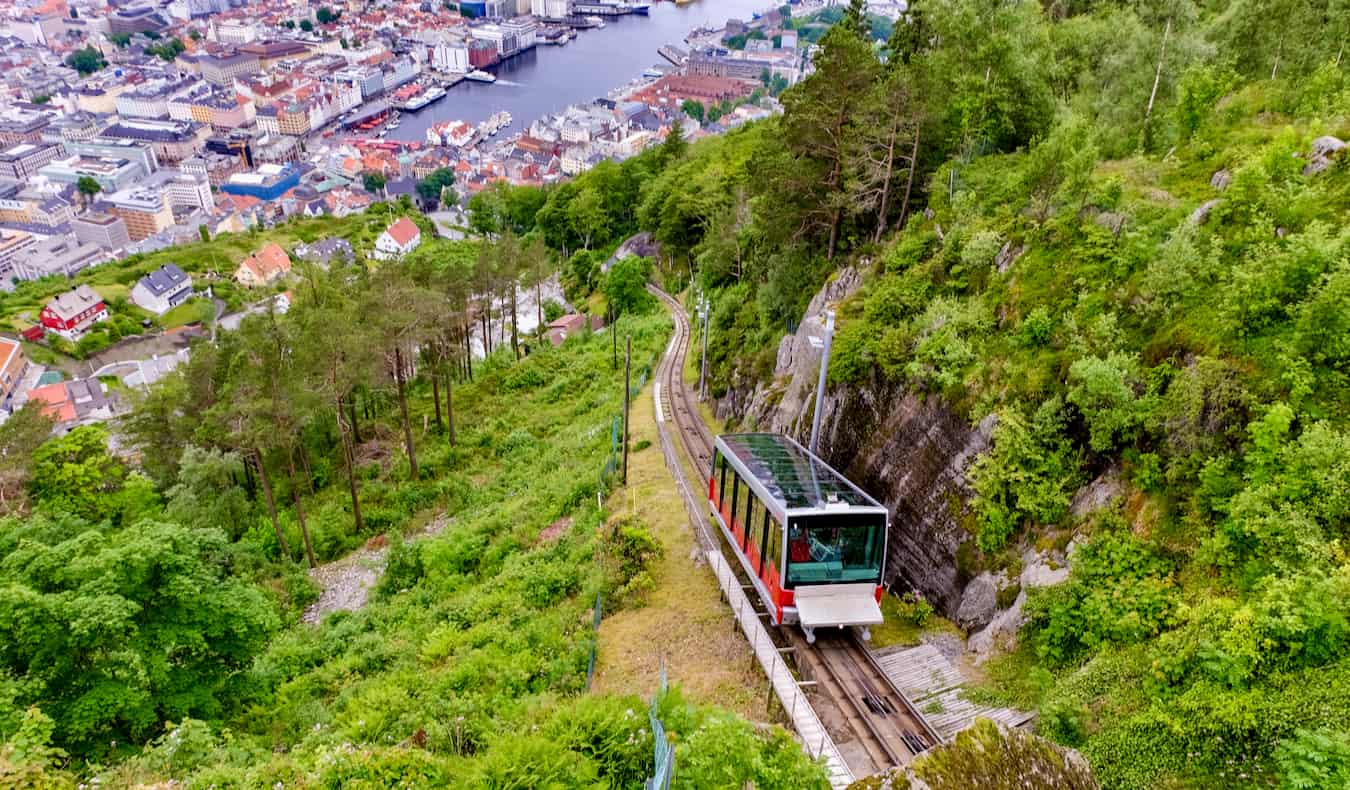 the small funicular climbing up the mountain near beautiful Bergen, Norway