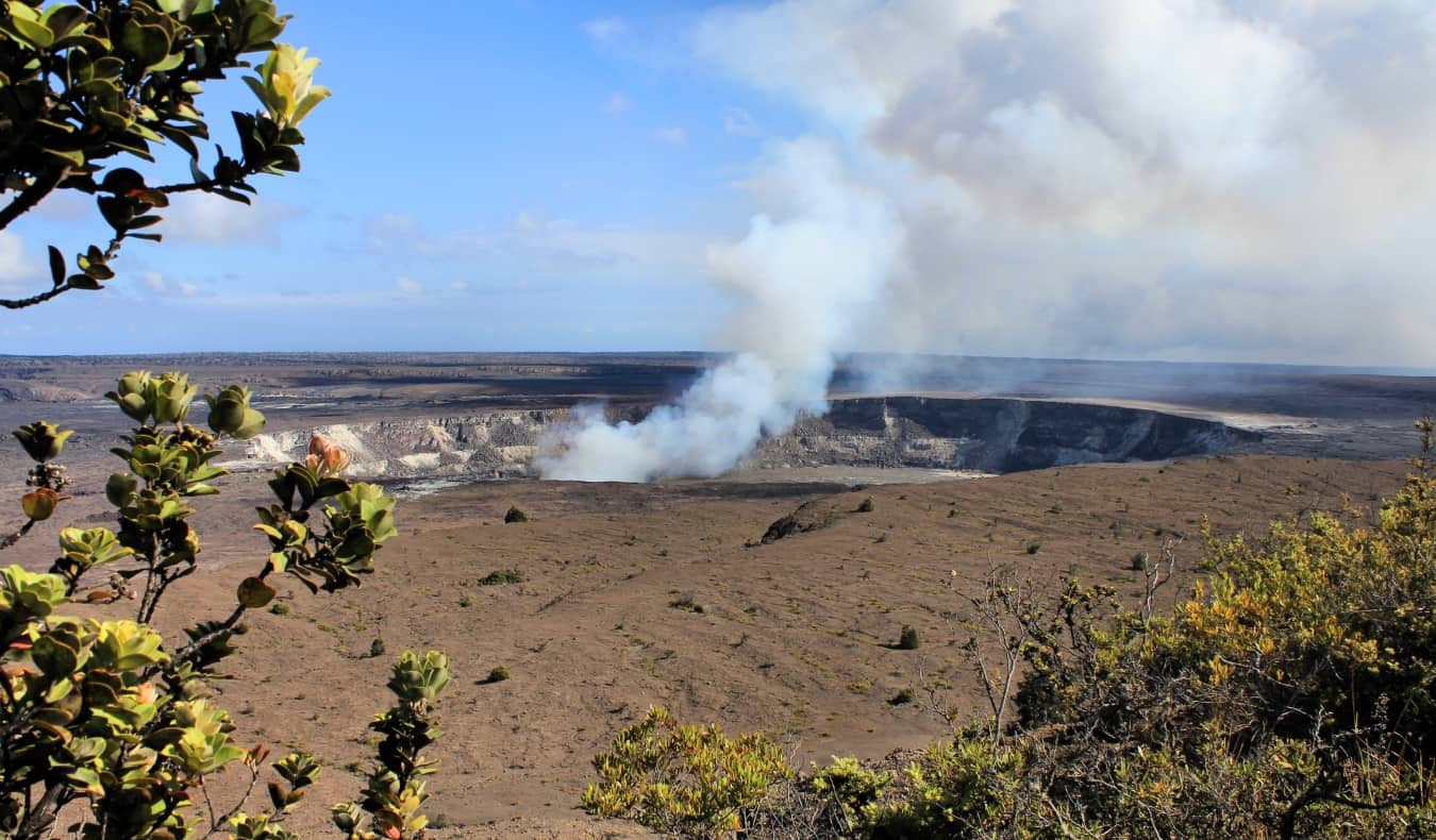 Steaming Hale Ma'uma'u Volcano Crater at Kilauea volcano, with the endemic Lehua tree in the foreground, on the Big Island in Hawaii, USA