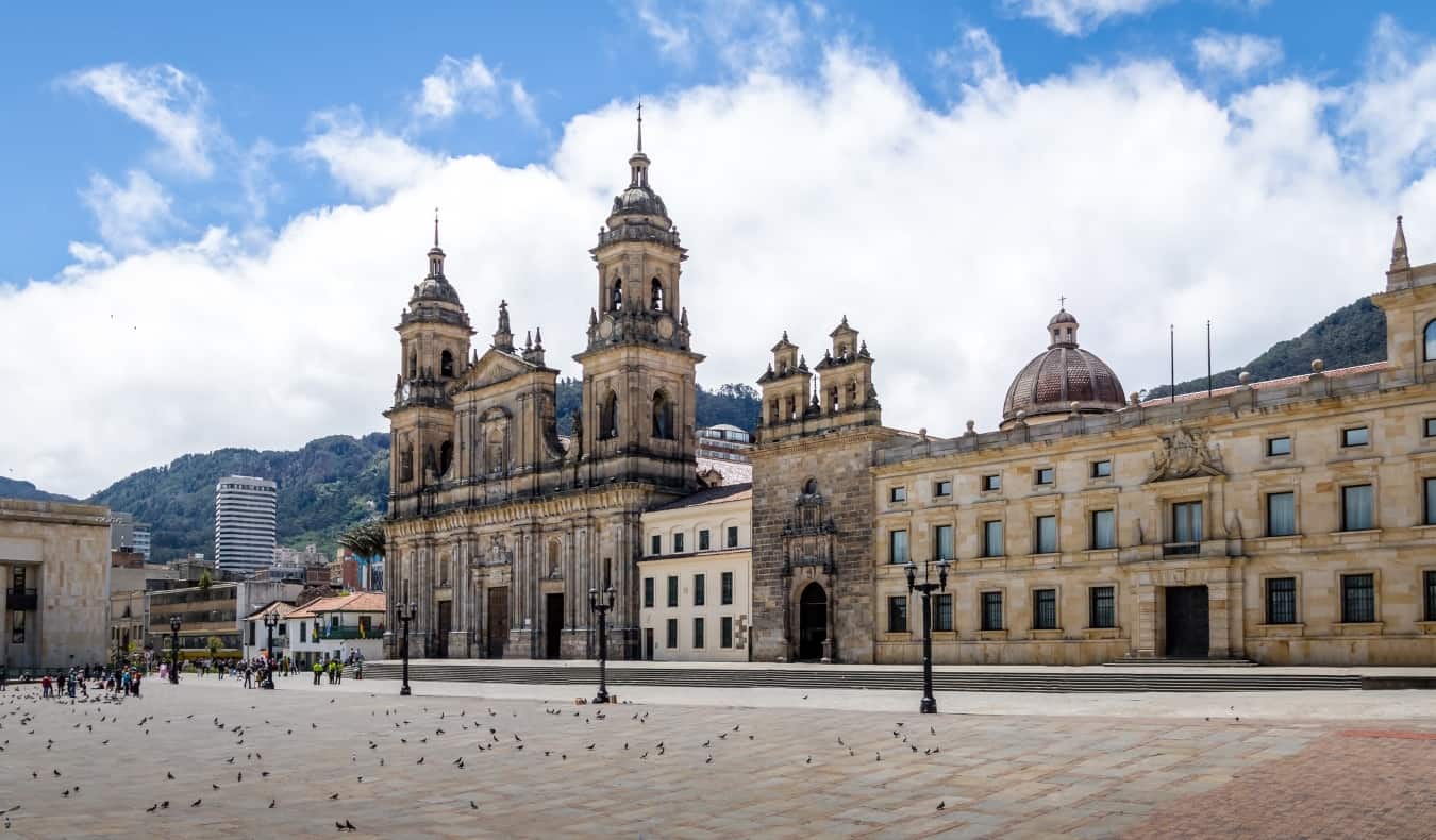 Pigeons wandering around in front of the cathedral in Plaza Bolívar in Bogotá, Colombia