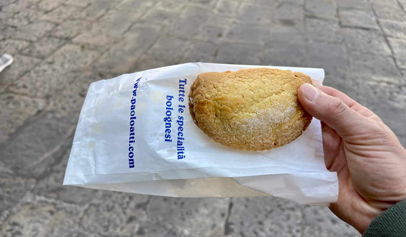 A small cake on the streets of Bologna, Italy