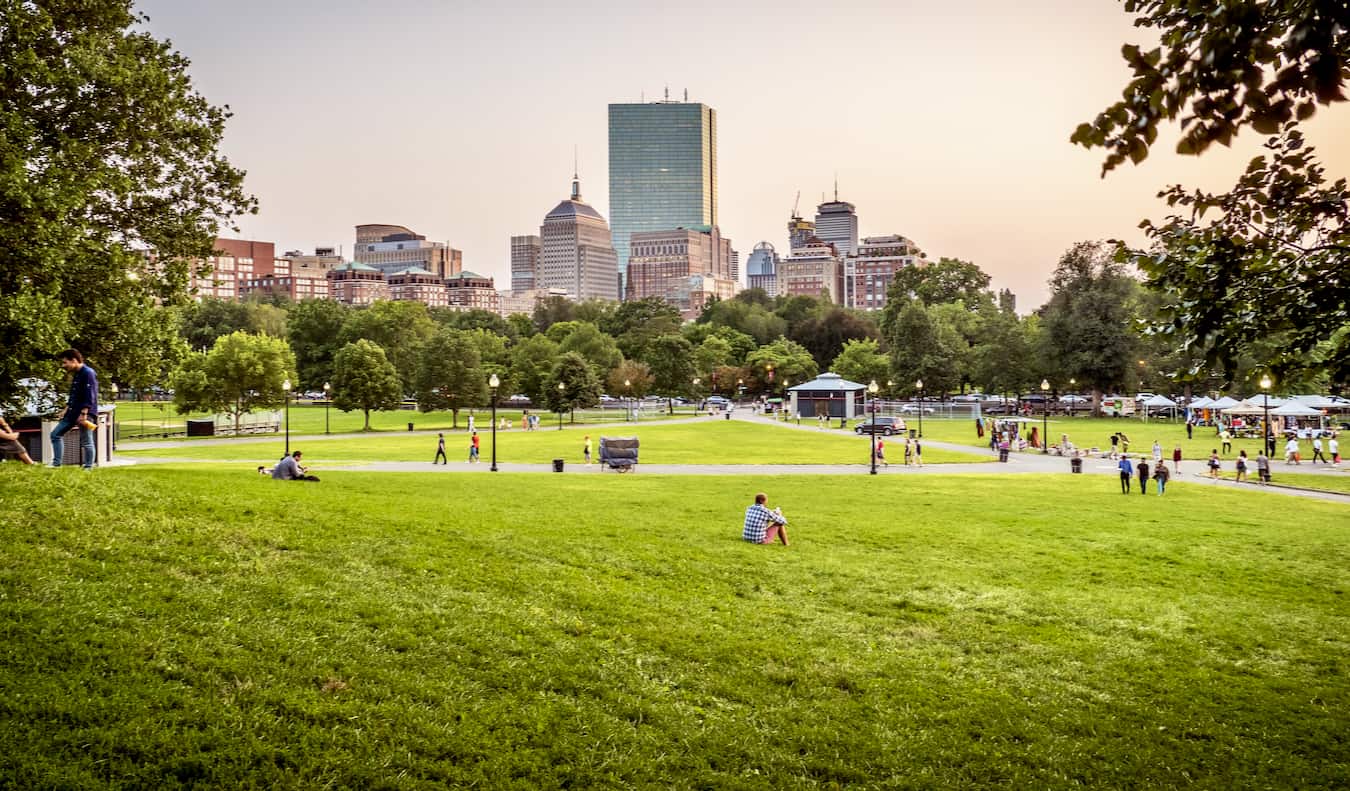 People lounging in the green grass of the Common inha Boston, USA