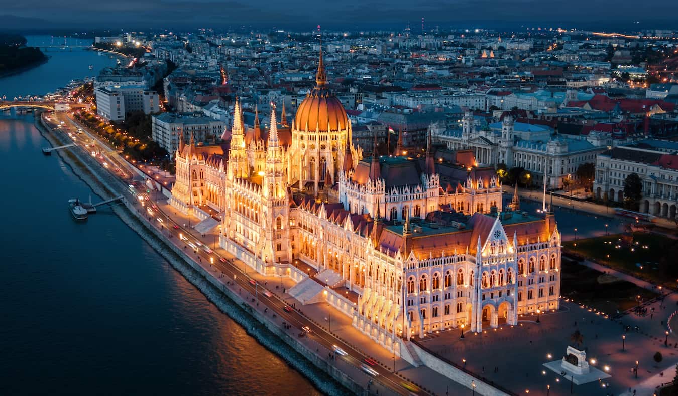 The massive parliament building in Budapest, Hungary at dusk
