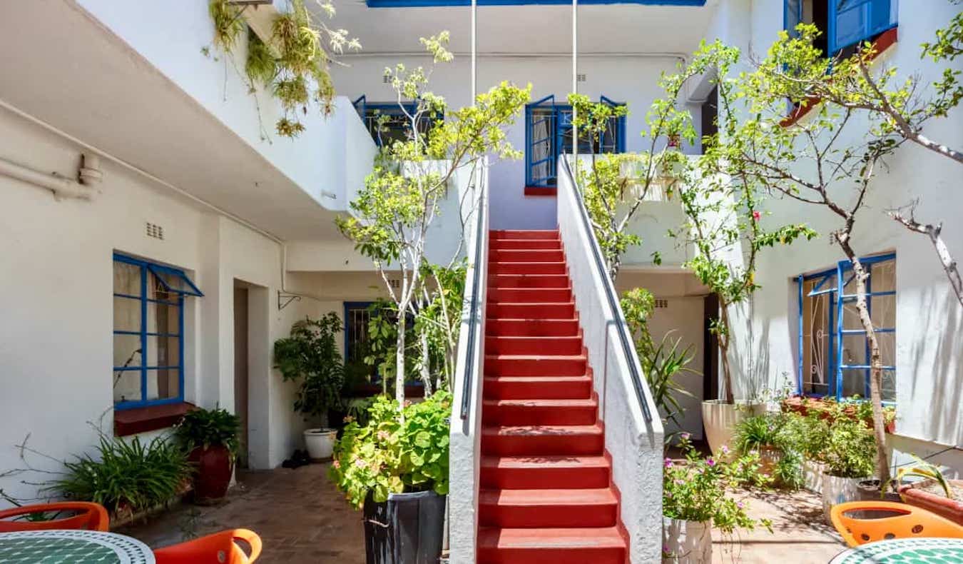 A sunny courtyard at the Long Street backpacker hostel in Cape Town, South Africa