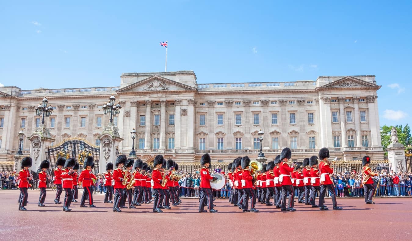 The changing of the guard in front of Buckingham Palace in London, England