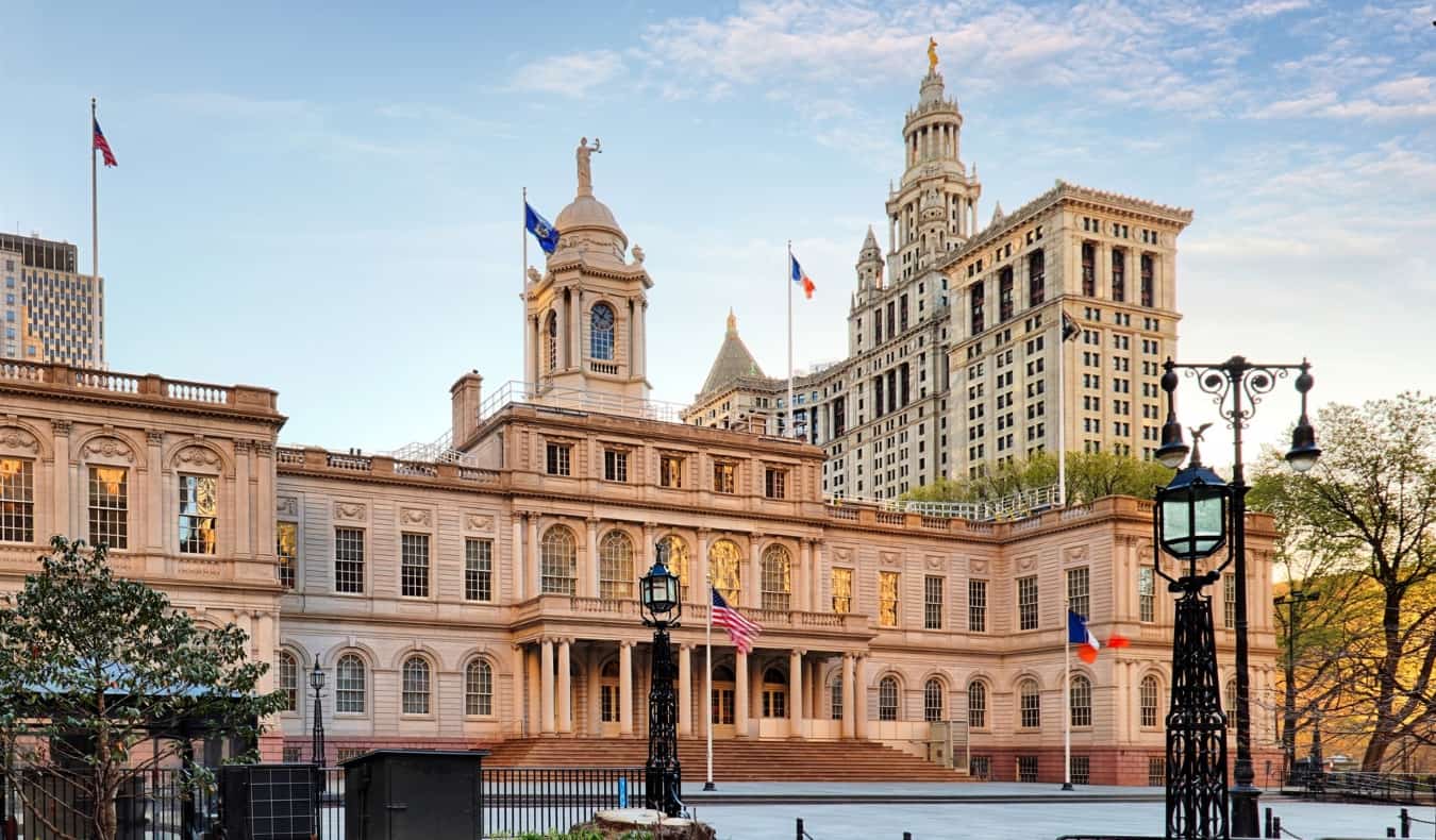 The historic City Hall at sunset in New York City, USA