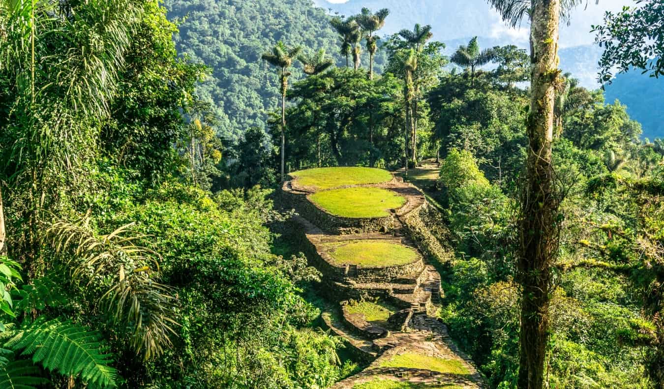 Tiered stone platforms covered in grass in the jungle at the Lost City in Colombia