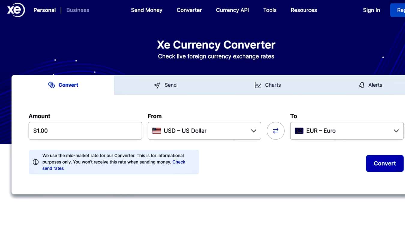 الصفحة الرئيسية لتطبيق XE Currency