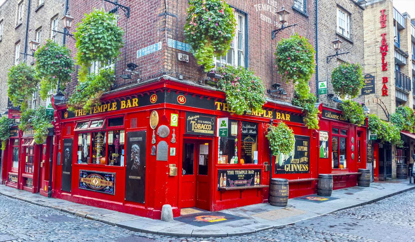 The famous Temple Bar bar on a cobblestone street in Dublin, Ireland