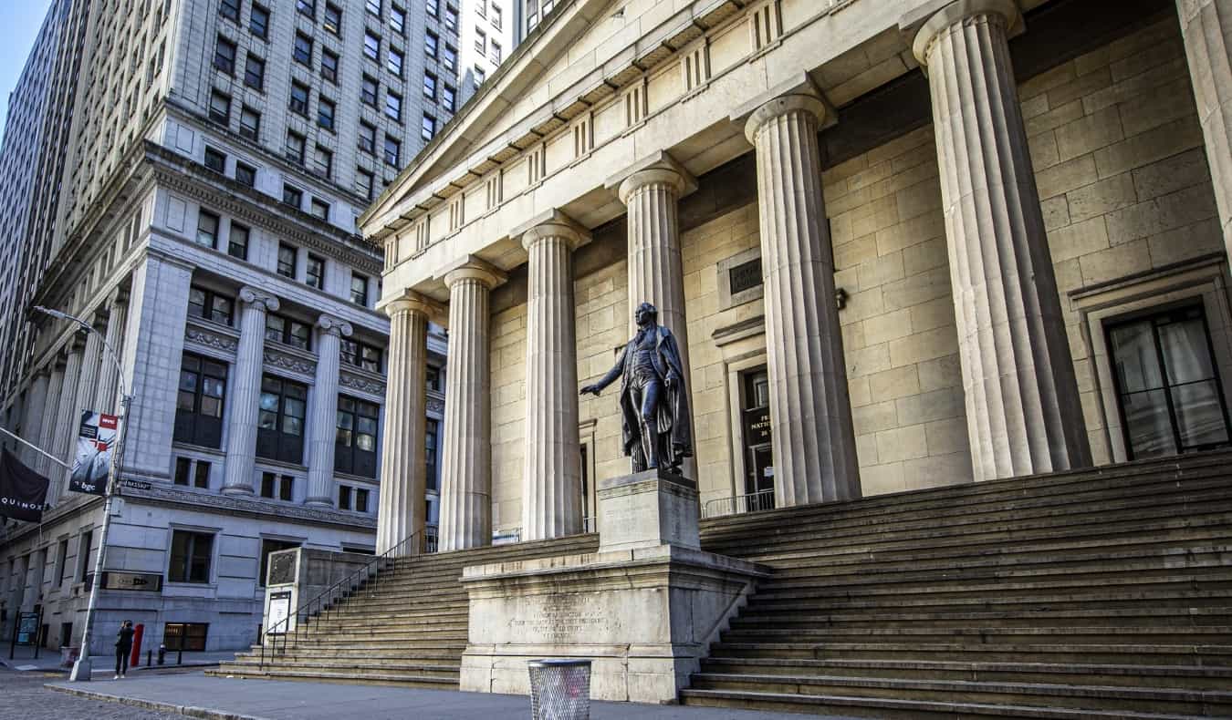 A statue of George Washington outside of Federal Hall in New York City, USA
