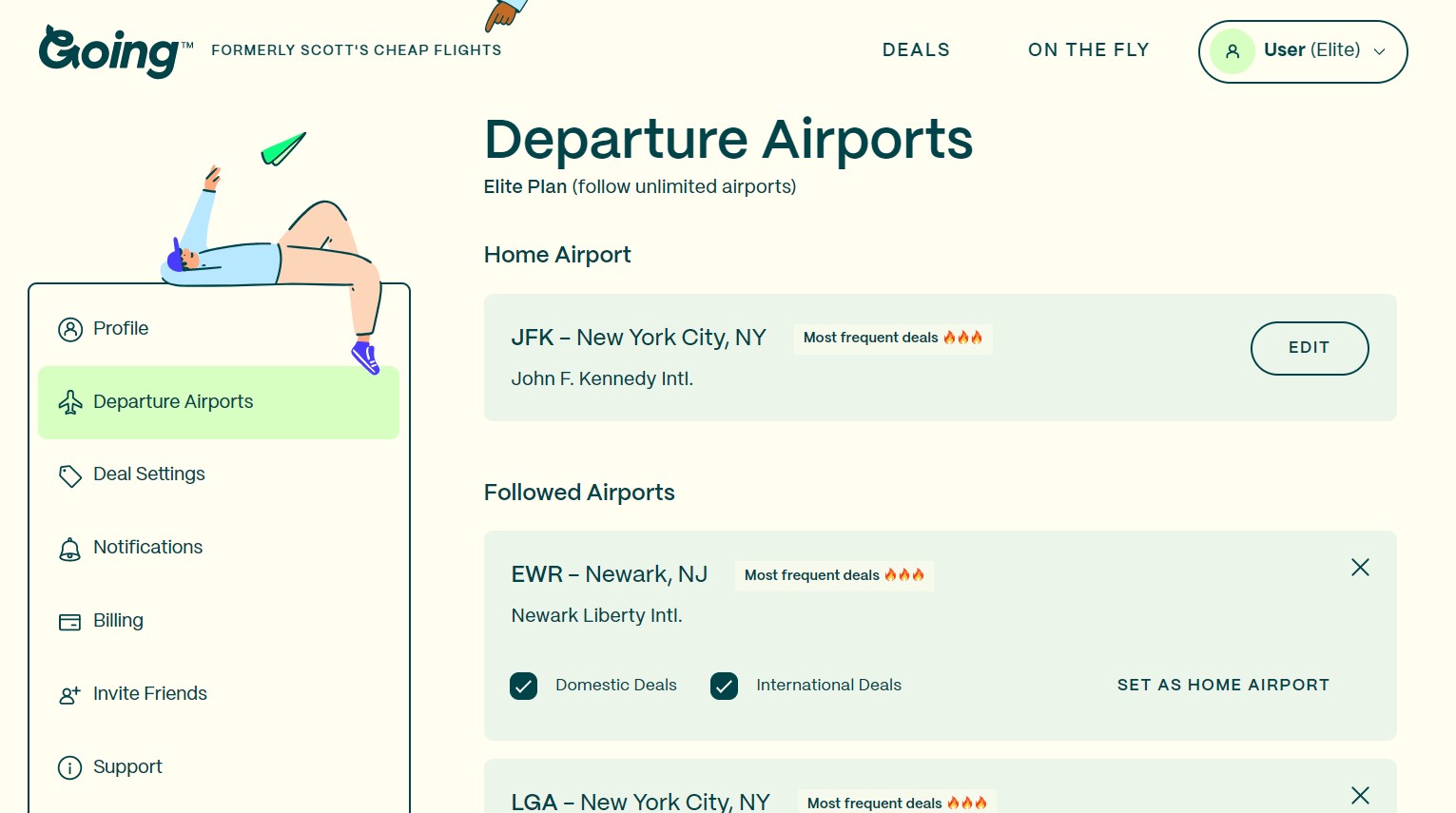 A screenshot of the Going travel website showing JFK and Newark chosen as home departure airports