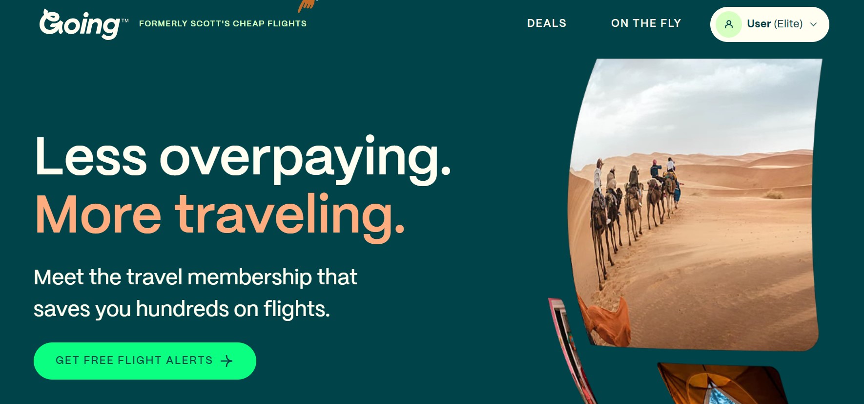 The front page of the Going travel website with huge text stating 'less overpaying, more traveling'