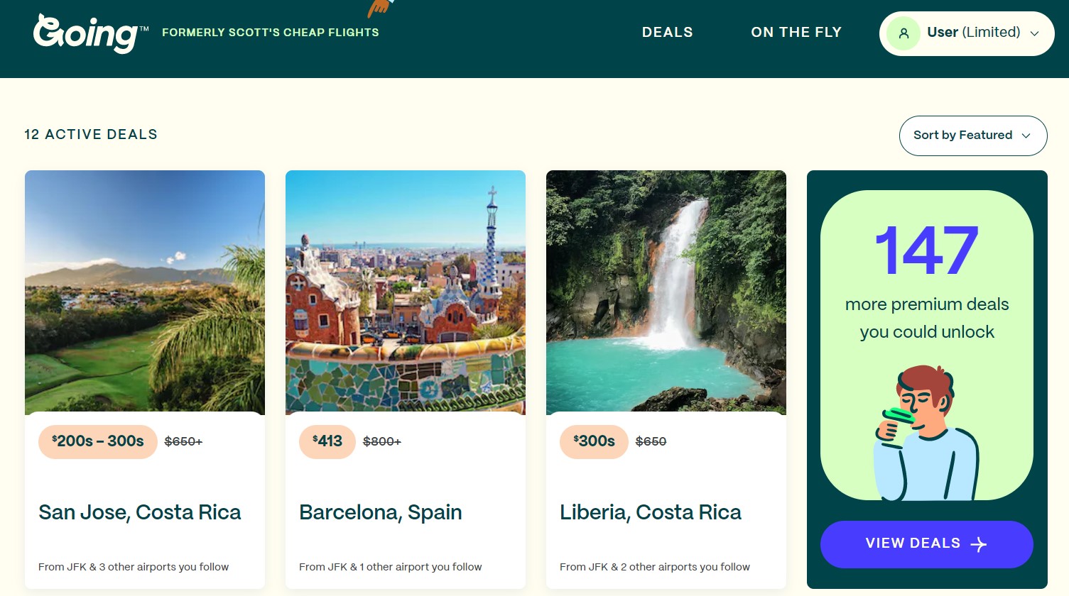 Screenshot from the Going travel website showing 12 active flight deals on the limited membership